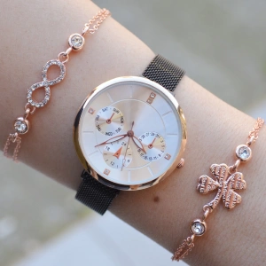 Siyah Mıknatıslı Hasır Kordon Kadın Saat Kombini 2721