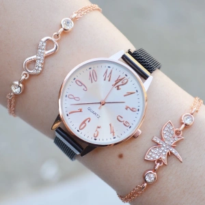 Siyah Mıknatıslı Hasır Kordon Kadın Saat Kombini 2723