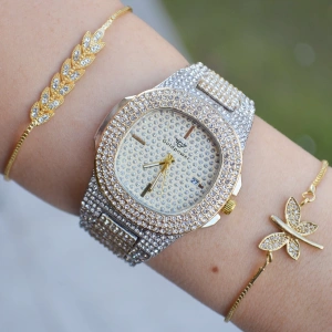 Silver Gold Metal Kordon Taşlı Kadın Saat Kombini 2735