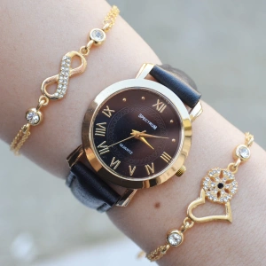 Siyah Deri Kordon Kadın Saat Kombini 2766