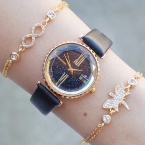 Siyah Deri Kordon Kadın Saat Kombini 2772