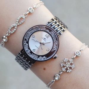 Siyah Metal Kordon Taşlı Kadın Saat Kombini 2792