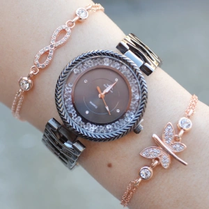 Siyah Metal Kordon Taşlı Kadın Saat Kombini 2811