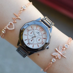 Siyah Metal Kordon Kadın Saat Kombini 2822