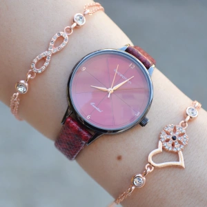 Bordo Deri Kordon Kadın Saat Kombini 2839