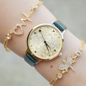 Yeşil Deri Kordon Kadın Saat Kombini 2843