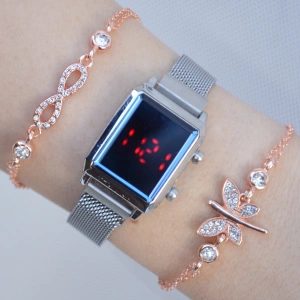 Silver Hasır Mıknatıslı Kordon Dijital Kadın Saat Kombini 2854