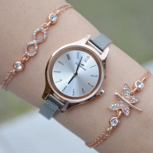 Silver Rose Mıknatıslı Hasır Kordon Kadın Saat Kombini 2919