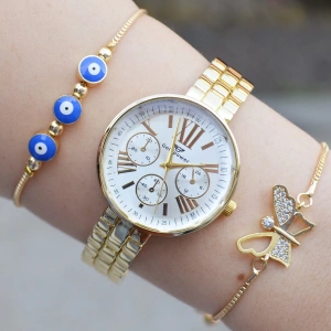 Gold Metal Kordon Kadın Saat Kombini 2939