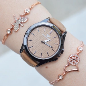 Vizon Siyah Deri Kordon Kadın Saat Kombini 2981