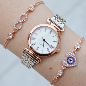 Silver Rose Metal Kordon Kadın Saat Kombini 3023