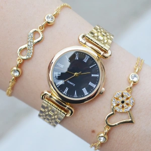 Gold Metal Kordon Kadın Saat Kombini 3024