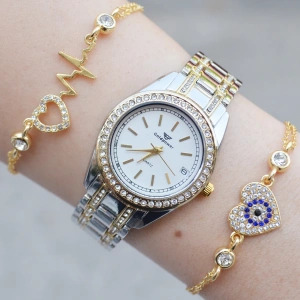 Silver Gold Metal Kordon Kadın Saat Kombini 3027