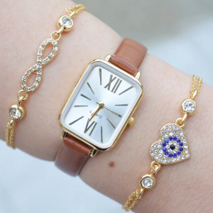 Taba Deri Kordon Minimal Kadın Saat Kombini 3063