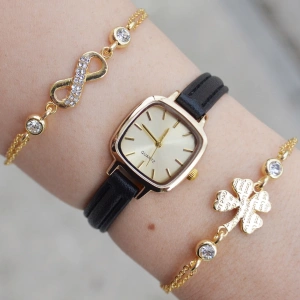 Siyah Deri Kordon Minimal Kadın Saat Kombini 3071