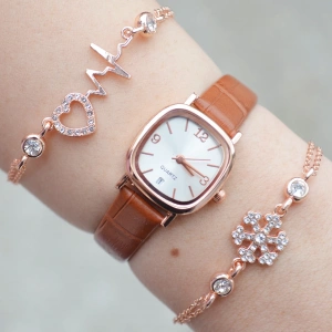 Taba Deri Kordon Minimal Kadın Saat Kombini 3074