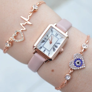 Toz Pembe Deri Kordon Minimal Saat Kombini 3076