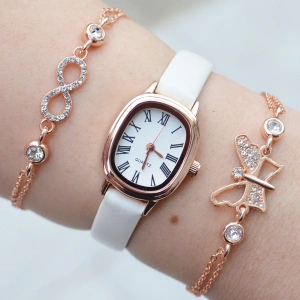 Beyaz Deri Kordon Minimal Kadın Saat Kombini 3079