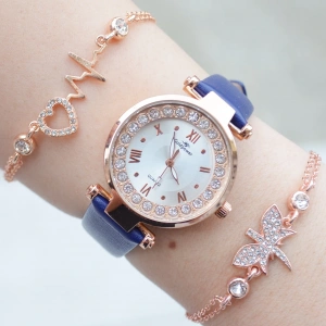 Koyu Mavi Deri Kordon Kadın Saat Kombini 3085