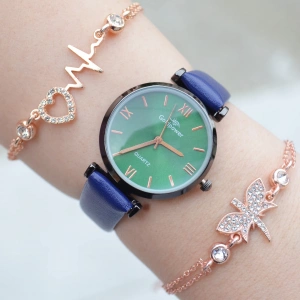 Koyu Mavi Deri Kordon Kadın Saat Kombini 3091