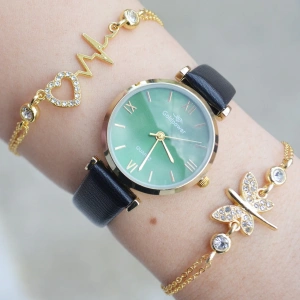 Siyah Deri Kordon Kadın Saat Kombini 3092