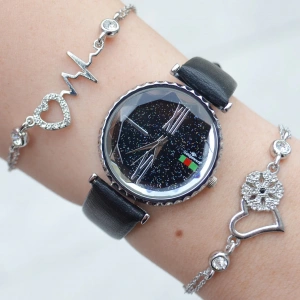 Siyah Deri Kordon Kadın Saat Kombini 3098