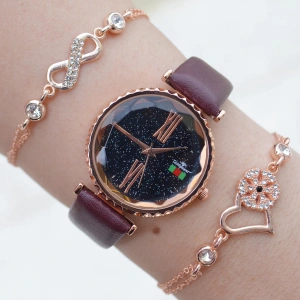 Bordo Deri Kordon Kadın Saat Kombini 3100