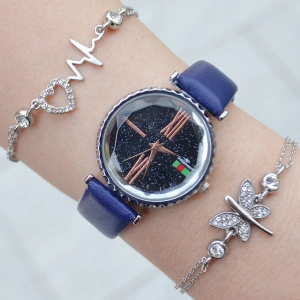 Koyu Mavi Deri Kordon Kadın Saat Kombini 3103