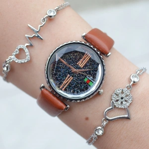 Taba Deri Kordon Kadın Saat Kombini 3112