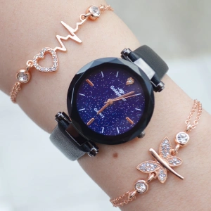 Siyah Deri Kordon Kadın Saat Kombini 3113