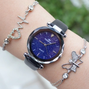 Siyah Deri Kordon Kadın Saat Kombini 3115