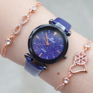 Koyu Mavi Deri Kordon Kadın Saat Kombini 3117