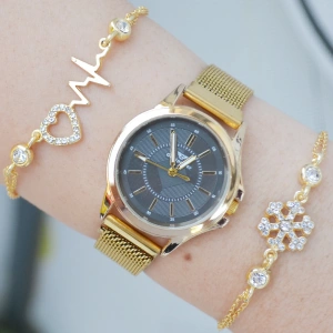 Gold Hasır Mıknatıslı Kordon Kadın Saat Kombini 3143