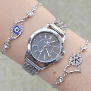 Silver Hasır Mıknatıslı Kordon Kadın Saat Kombini 3145