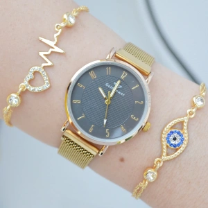 Gold Hasır Mıknatıslı Kordon Kadın Saat Kombini 3149