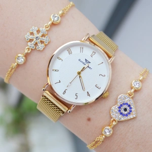 Gold Hasır Mıknatıslı Kordon Kadın Saat Kombini 3151