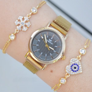 Gold Hasır Mıknatıslı Kordon Kadın Saat Kombini 3157