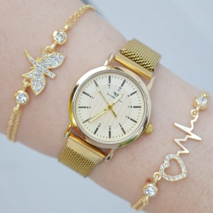 Gold Hasır Mıknatıslı Kordon Kadın Saat Kombini 3158