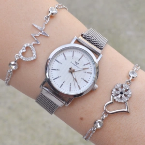 Silver Hasır Mıknatıslı Kordon Kadın Saat Kombini 3161