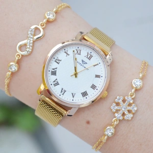 Gold Hasır Mıknatıslı Kordon Kadın Saat Kombini 3167