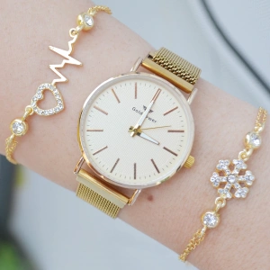 Gold Hasır Mıknatıslı Kordon Kadın Saat Kombini 3174