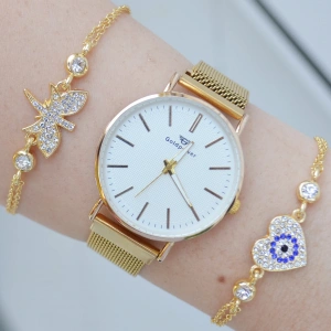 Gold Hasır Mıknatıslı Kordon Kadın Saat Kombini 3175