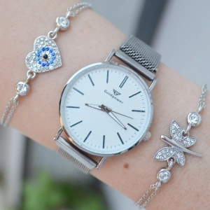 Silver Hasır Mıknatıslı Kordon Kadın Saat Kombini 3179