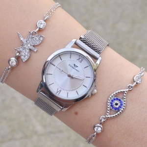 Silver Hasır Mıknatıslı Kordon Kadın Saat Kombini 3185