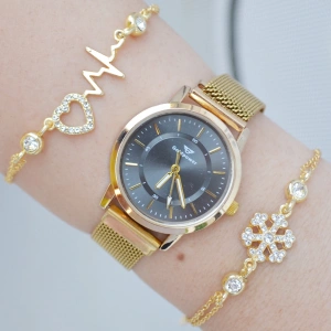 Gold Hasır Mıknatıslı Kordon Kadın Saat Kombini 3190