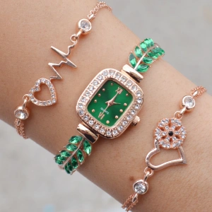 Yeşil Zirkon Taşlı Metal Kordon Kadın Saat Kombini 3202
