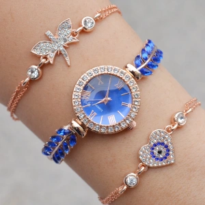 Mavi Zirkon Taşlı Metal Kordon Kadın Saat Kombini 3212
