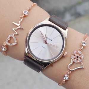 Kahverengi Deri Kordon Kadın Saat Kombini 3226