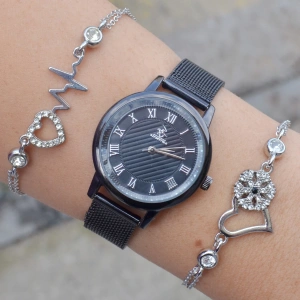 Siyah Hasır Kordon Kadın Saat Kombini 3242