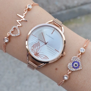 Rosegold Mıknatıslı Hasır Kordon Kadın Saat Kombini 3251